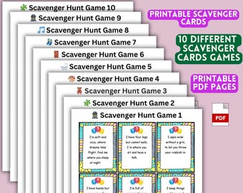 Printable Scavenger Hunt Cards. 10 different game set. Fun Indoor Activity for Kids Printable Pdf. At Home Hunt, kids family fun game.
