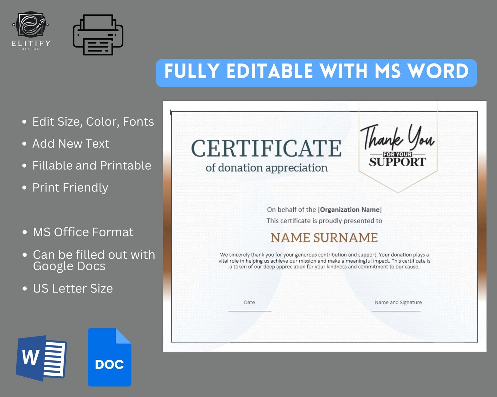 Certificate of Appreciation Template | Editable in MS Word and Google ...