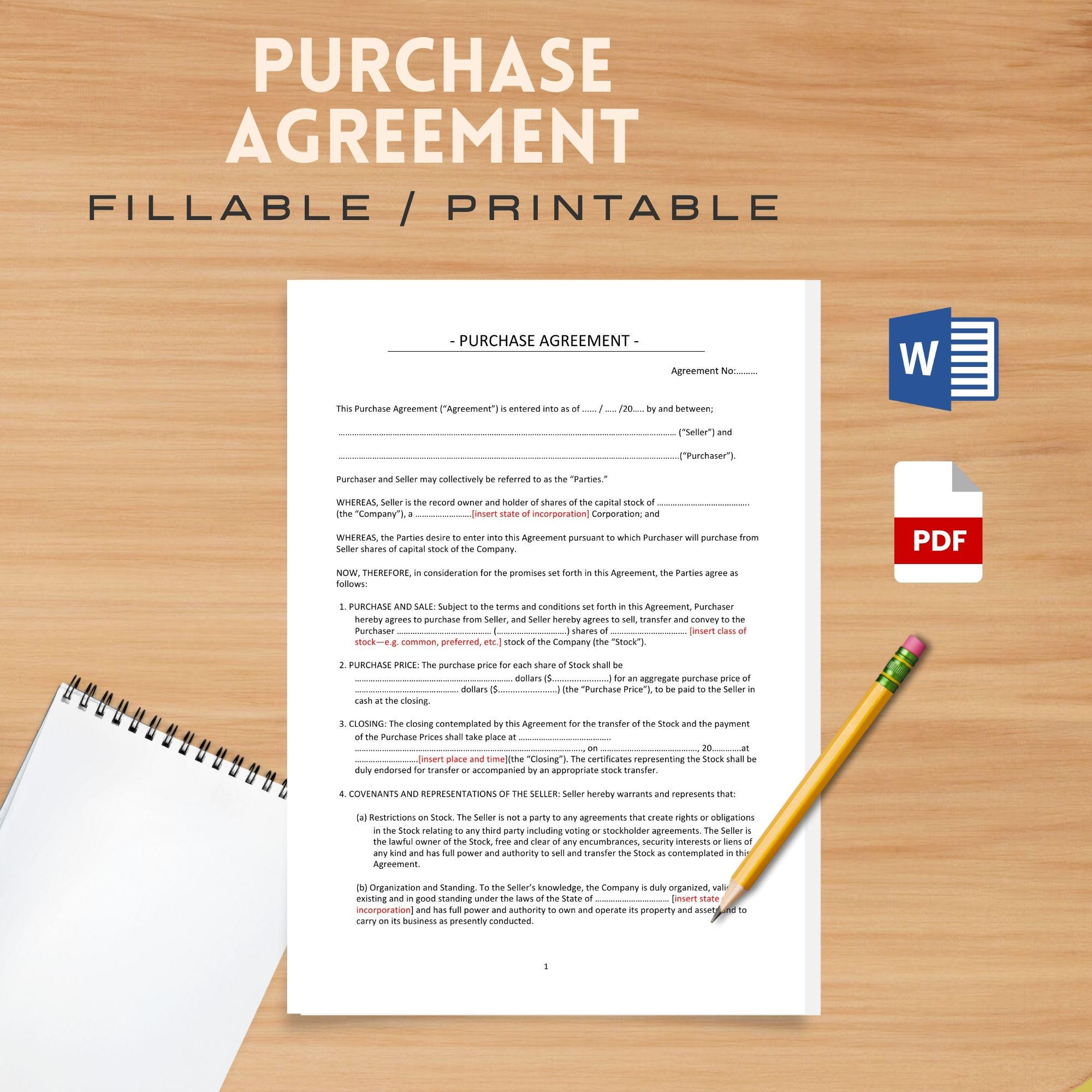 Purchase Agreement Template for Buyers and Sellers (PDF & WORD) - Etsy