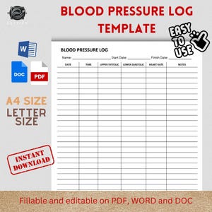 Modelo de REGISTRO DE PRESSÃO ARTERIAL / Editável Preenchável Imprimível. Preenchável em computador e tablet
