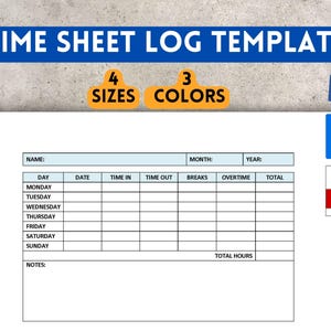 Peut inclure: Un modèle de feuille de temps imprimable avec des colonnes pour le jour, la date, l'heure d'arrivée, l'heure de départ, les pauses, les heures supplémentaires, le total et le total des heures. Le modèle est disponible en quatre tailles et trois couleurs.