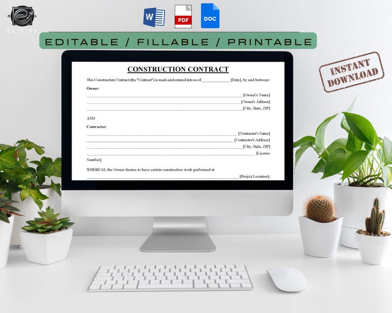 Construction Contract Template, Editable PDF, Google Docs, MS Word - Etsy