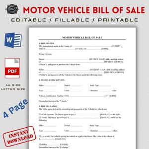Motor vehicle bill of sale document. Editable, Fillable and Printable Template. Car Sale Agreement. Auto Bill of Sale. Word and Pdf Formats