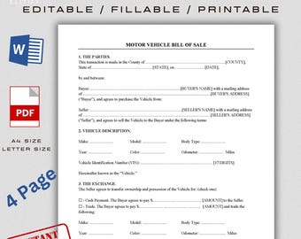 Motor Vehicle Bill of Sale Template, Editable Car Sale Agreement (PDF & Word)