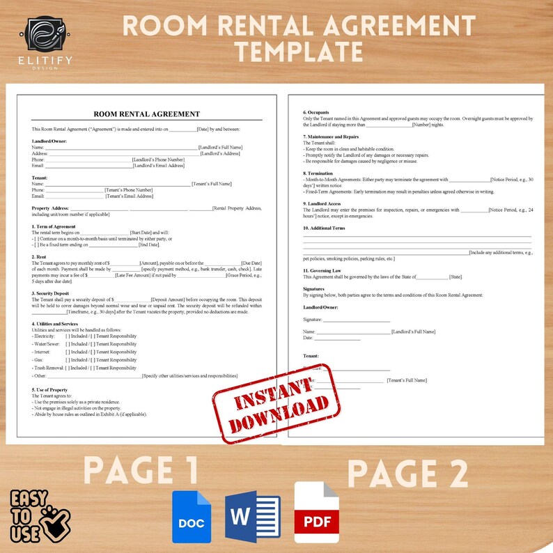 Editable Room Rental Agreement Template, 2-page (digital Download) - Etsy