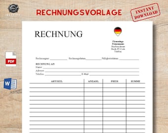 Deutsch Rechnungsvorlage, einfache Rechnung, A4, zum Ausdrucken, ms Word,PDF zum Download,