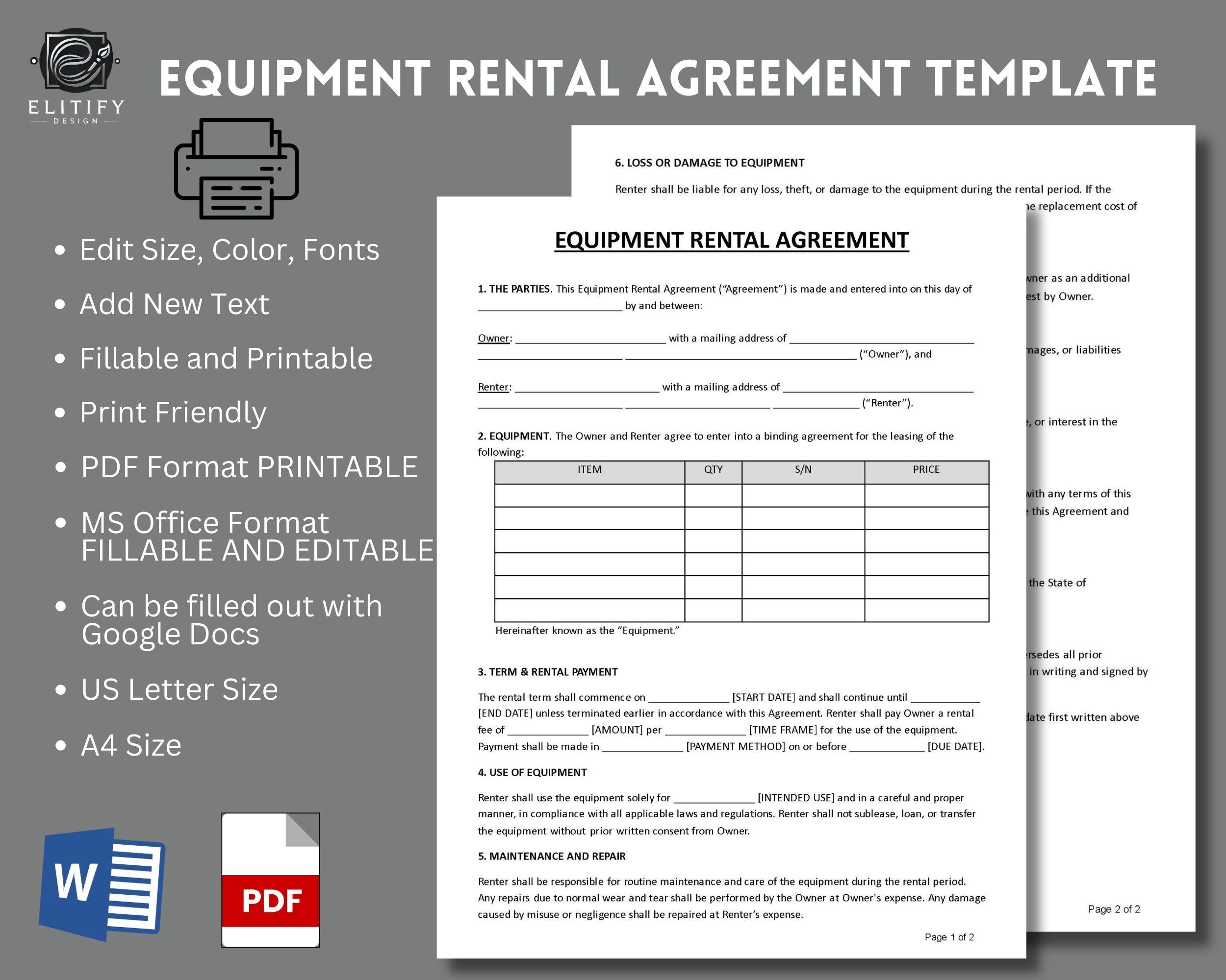 Equipment Rental Agreement Template / to Rent Equipments. Fillable and ...