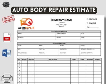 Auto Repair Estimate Template,  Editable Word and Printable PDF Instant download