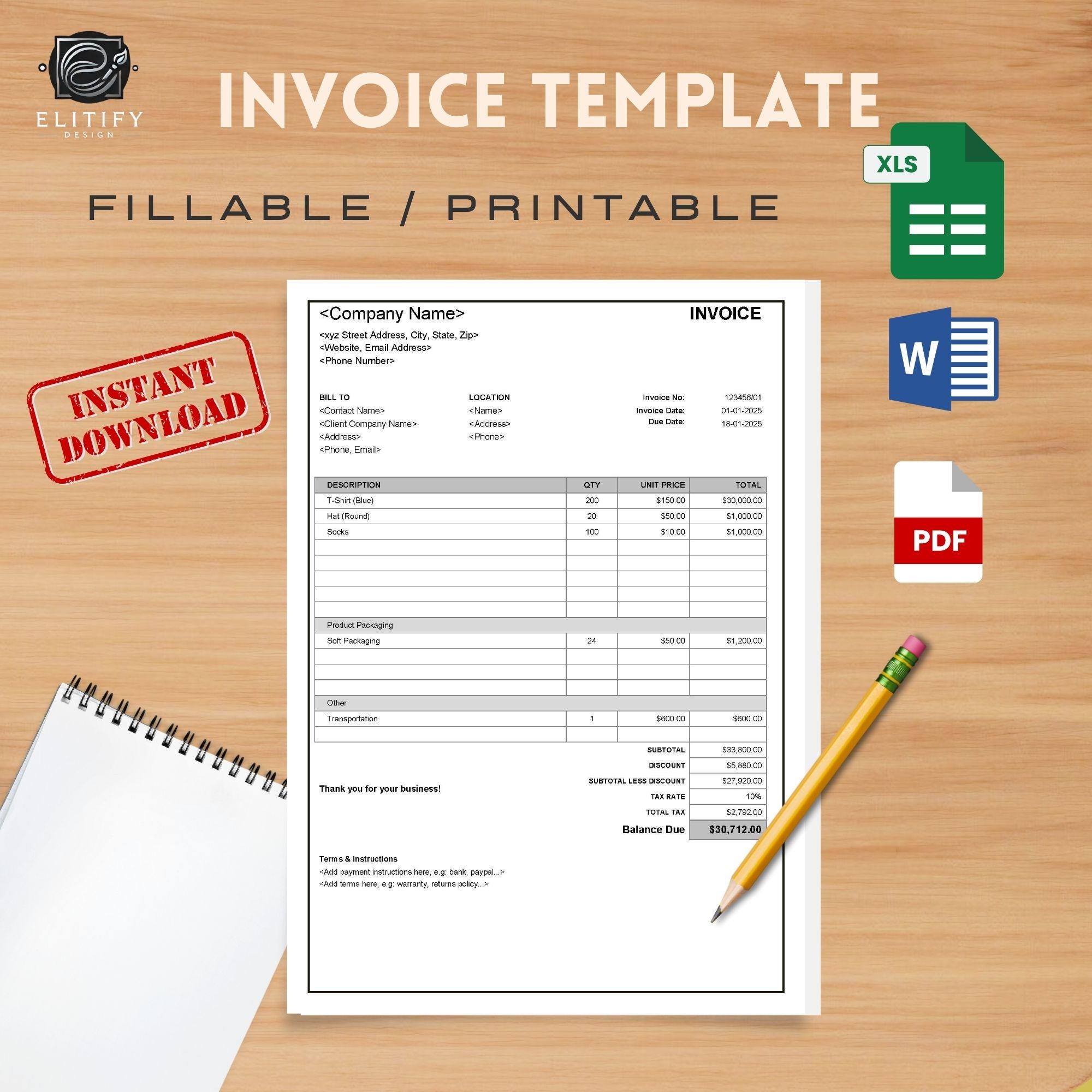 Invoice Template Editable both in Excell and Word Format Custom
