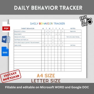 DAILY BEHAVIOR TRACKER Reward Chart for Kids Printable, Editable, Good Behavior Tracking, Children Behavior Chart, Classroom,