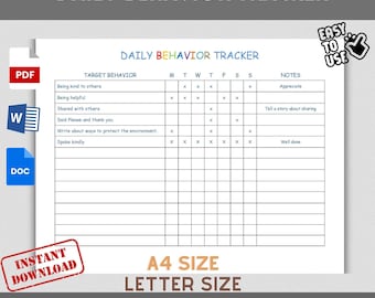 Kids Daily Behavior Tracker, Printable Reward Chart (Editable, Fillable)