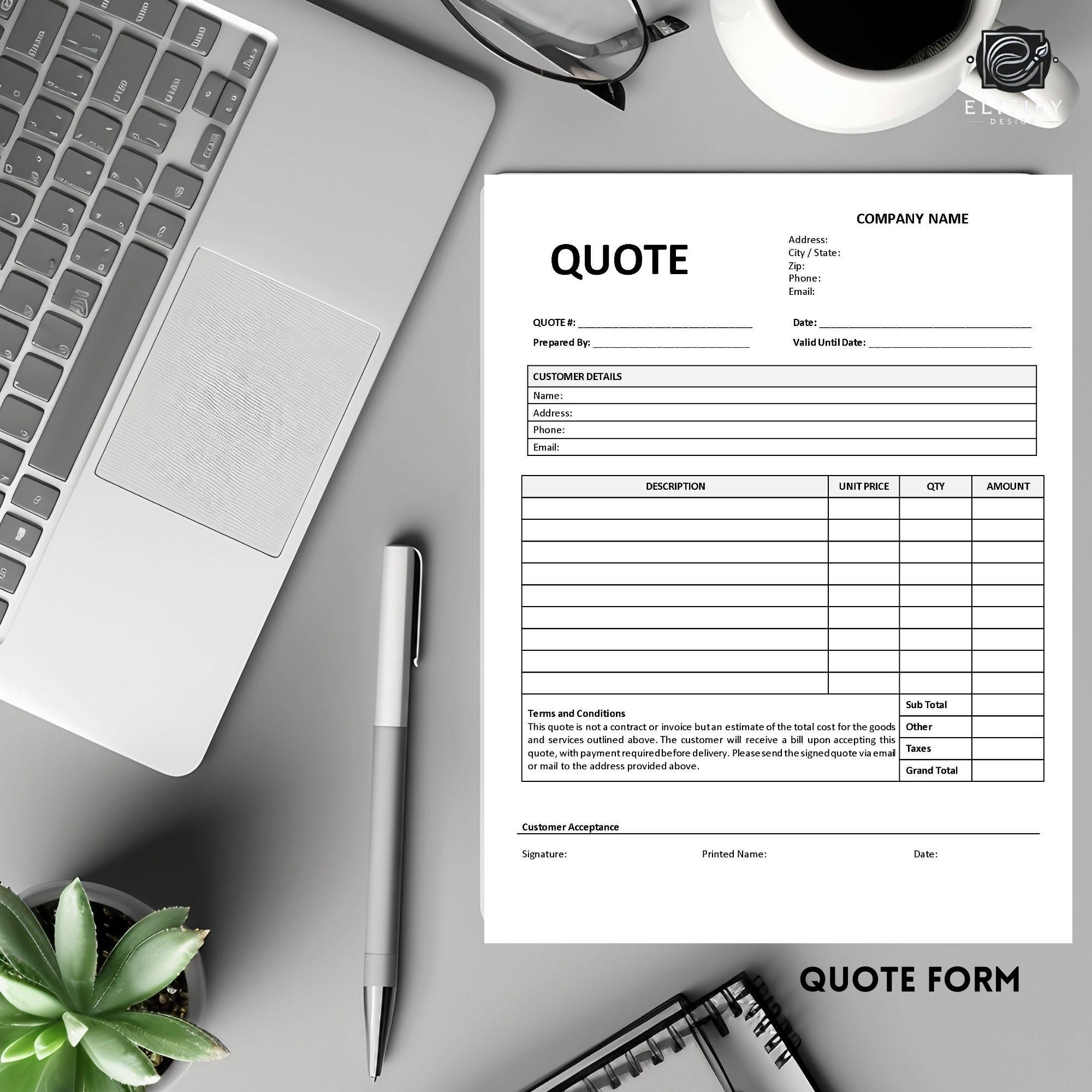 Example Craft Quote Form Editable Quote Form Template: Fillable Price Estimate (digital Download ...
