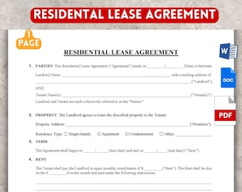 1 Page Residential Lease Agreement | Editable Rental Contract (PDF & Word)