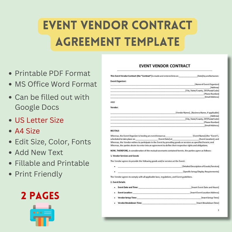 Event Vendor Contract Template. Printable Pdf and Ms Word Files. Easy ...