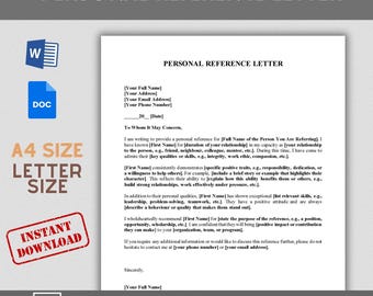 Personal Reference Letter Template, Editable Fillable Printable (Digital Download)