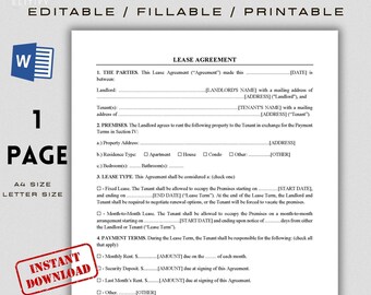 Residential Lease Agreement Template, Fillable and Printable (US Letter and A4) (Digital Download)