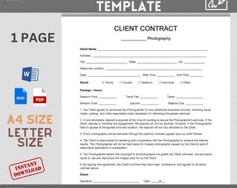 Photographer Client Contract Template, Photography Agreement (Digital Download)