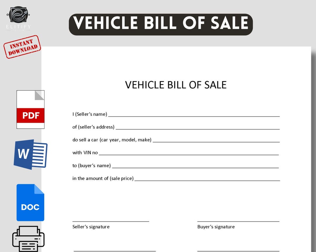 Vehicle Bill of Sale Simple Version. Printable Editable, Fillable ...
