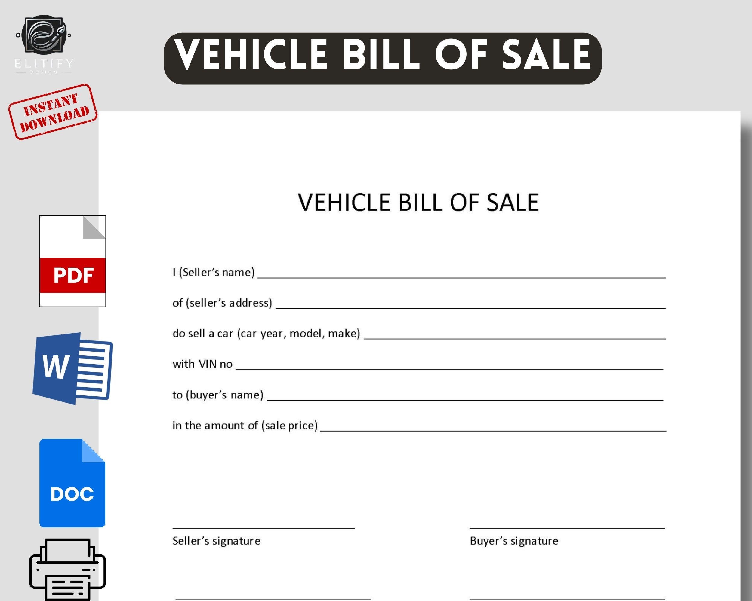 Vehicle Bill of Sale Simple Version. Printable Editable, Fillable ...