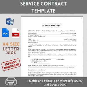 SERVICE CONTRACT TEMPLATE 4 Pages / Fillable and Printable Template