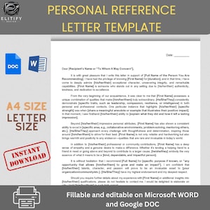 Modelo de CARTA DE REFERÊNCIA PESSOAL. Modelo de Carta de Recomendação. Modelo de documento editável, preenchível e imprimível