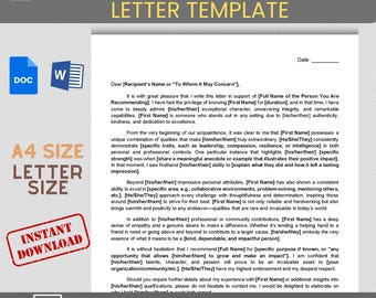 Personal Reference Letter Template, Editable Fillable Printable (Digital Download)