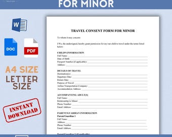 Minor Travel Consent Form Template, Editable PDF, Ms Word