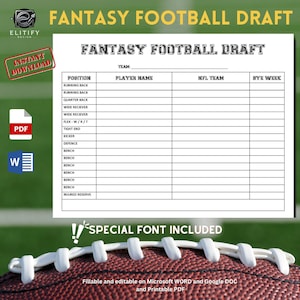 2025 FANTASY FOOTBALL Draft Template Sheet, NFL Football, Letter Size /printable pdf file, editable Ms Word File