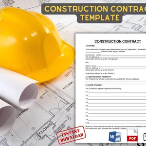 Op de afbeelding: Een sjabloon voor een bouwcontract met een gele helm, blauwdrukken en een printerpictogram. De tekst "Bouwcontract Sjabloon" staat bovenaan de pagina. Het sjabloon bevat secties voor partijen, bouwwerk, scope of work, en meer.