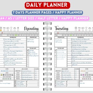 Può includere: Un planner giornaliero in bianco e nero con un programma settimanale, una lista di cose da fare, un planner dei pasti e un tracker dell'umore. Il planner ha una scheda per lunedì e martedì. Il planner è progettato per i formati A4, A5, Letter e Half Letter.