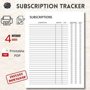 Subscription Tracker , Expense Tracker, Budget Template, A4/A5/Letter/Half Size, PDF Files