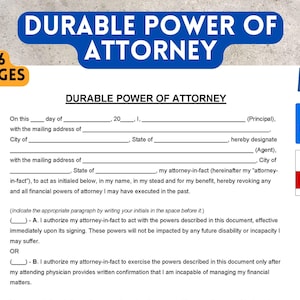Durable  Power of Attorney Form – PDF & Word Versions - Editable, printable template