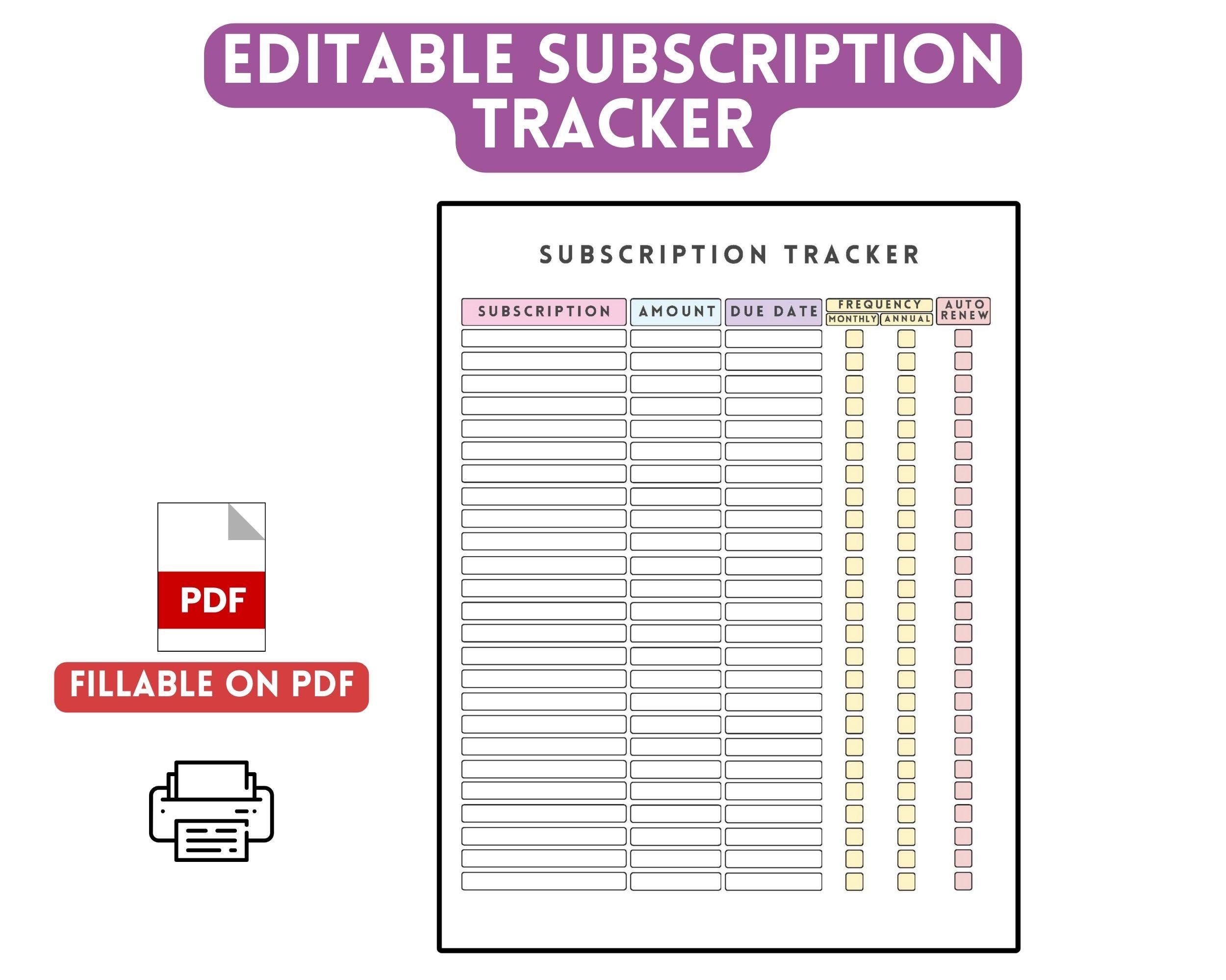 Editable Subscription Tracker | Digital Download | Organize & Manage ...