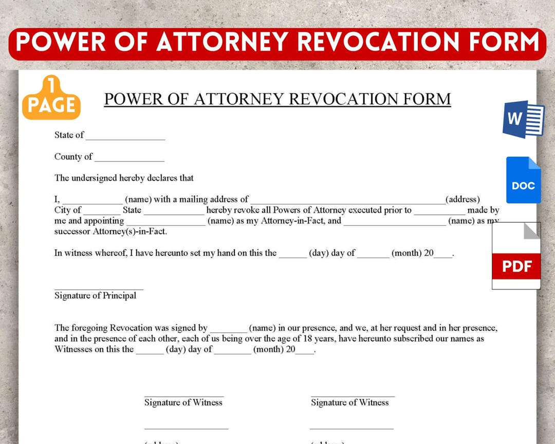 Power of Attorney Revocation Form. Word and Pdf Formats - Editable ...