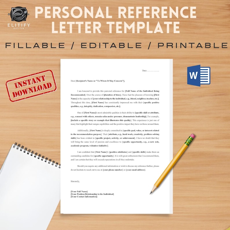 Editable Personal Reference Letter Template, Fillable & Printable ...