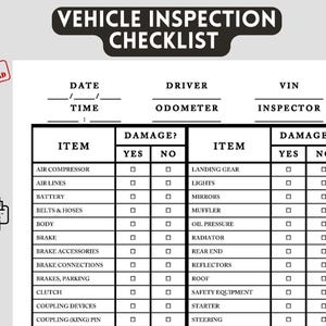 Vehicle Inspection Check List Template, Printable PDF File. Instant download