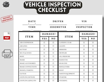 Vehicle Inspection Check List Template, Printable PDF File. Instant download