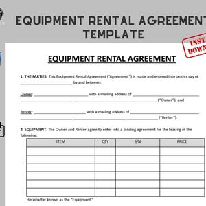Equipment Rental Agreement template / to rent equipments. Fillable and Printable / In Pdf, Microsoft Word