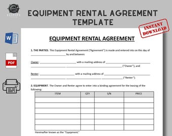 Equipment Rental Agreement template / to rent equipments. Fillable and Printable / In Pdf, Microsoft Word