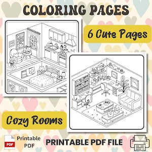 COZY ROOMS Coloring Pages for Relaxing, ready to print PDF File, 6 pages, easy for painting
