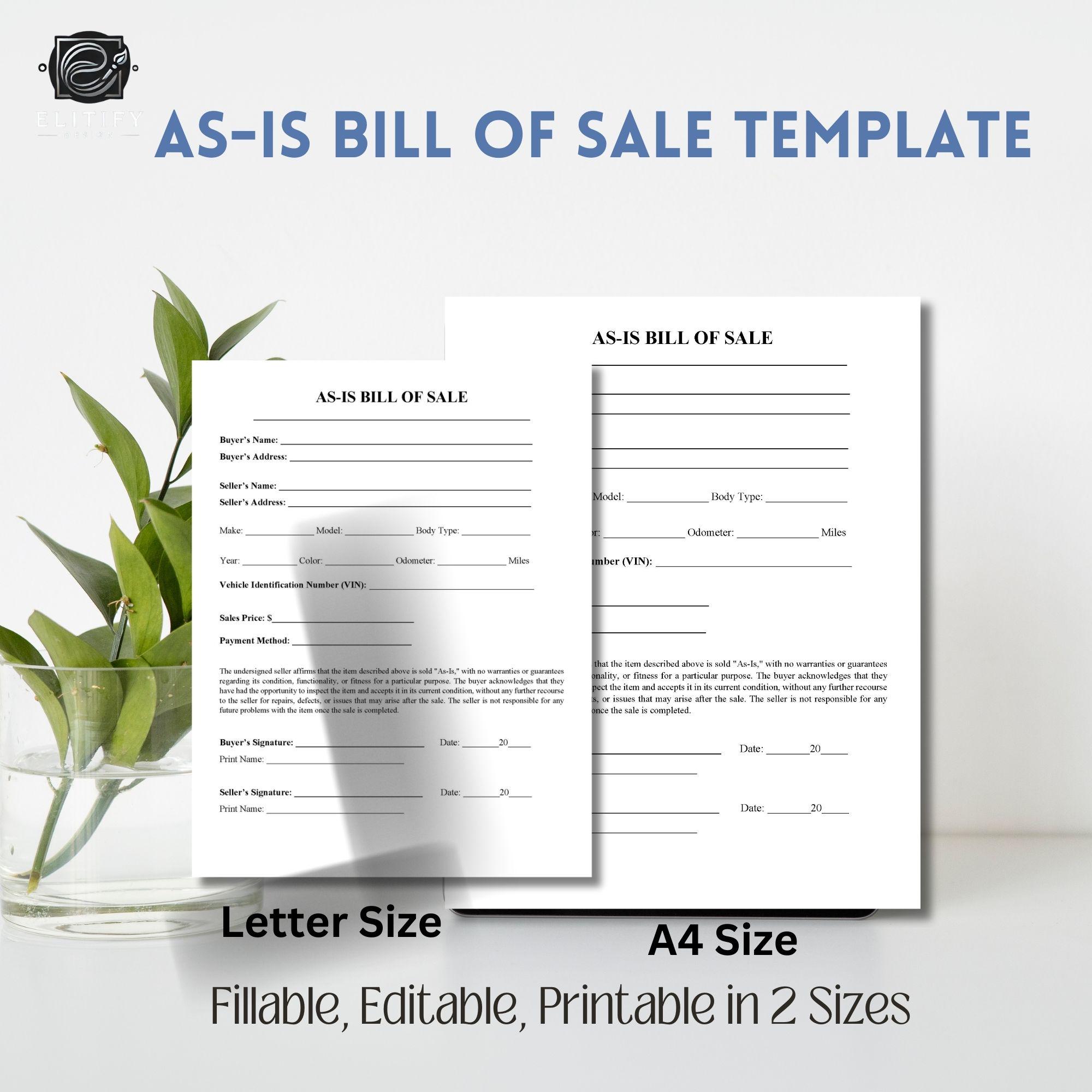 AS IS SALE Bill of Sale / Vehicle / Simple Editable Fillable and