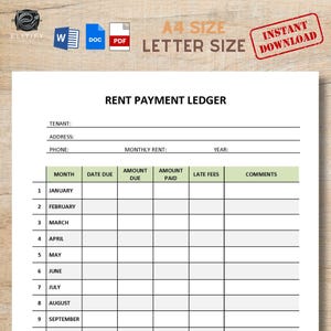May include: A printable rent payment ledger with columns for month, date due, amount due, amount paid, late fees, and comments. The ledger is designed for tracking rent payments for a year.