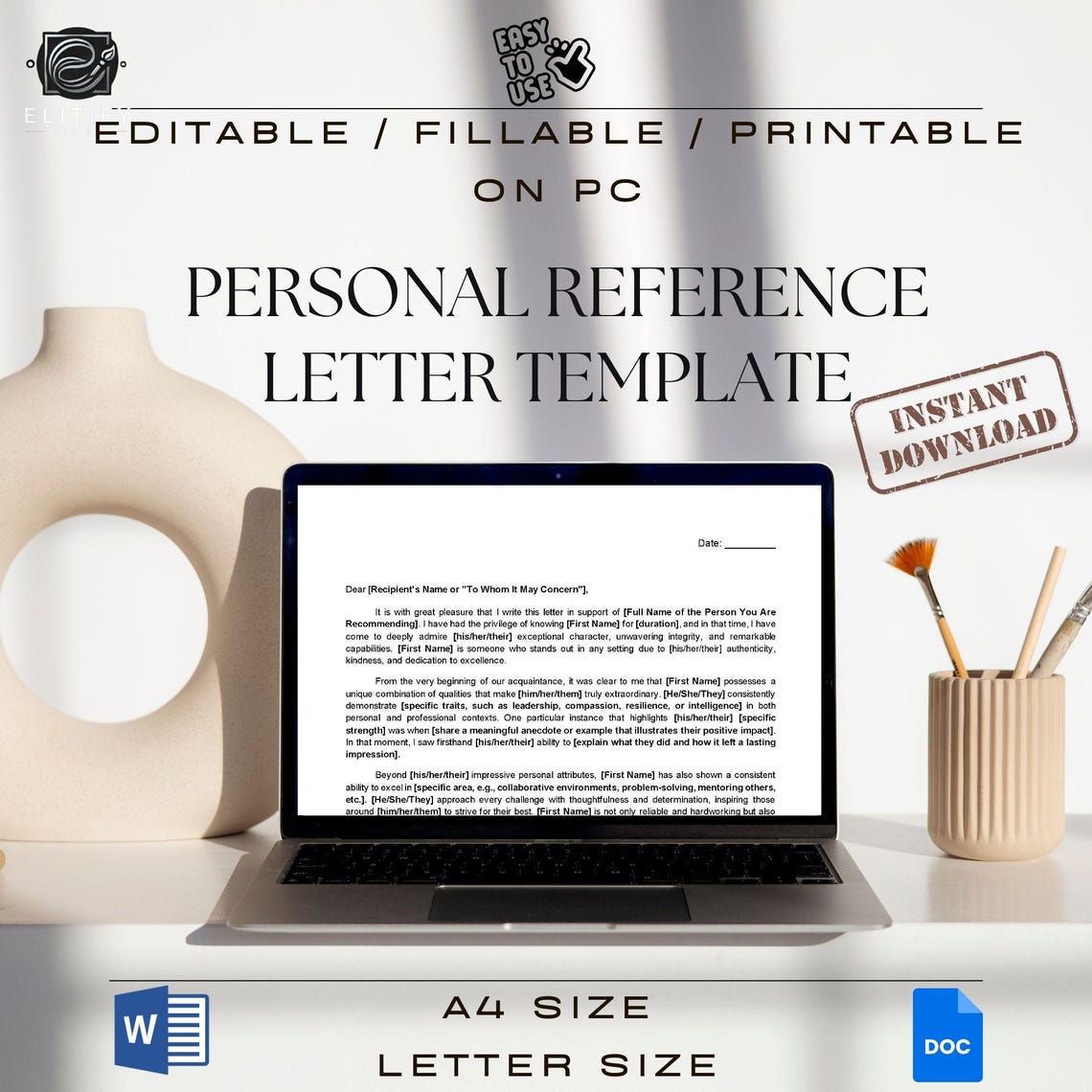 Personal Reference Letter Template, Editable Fillable Printable ...