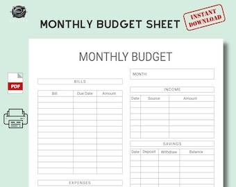 Monthly Budget Sheet - Printable PDF File. Budgeting Template. Money Tracker