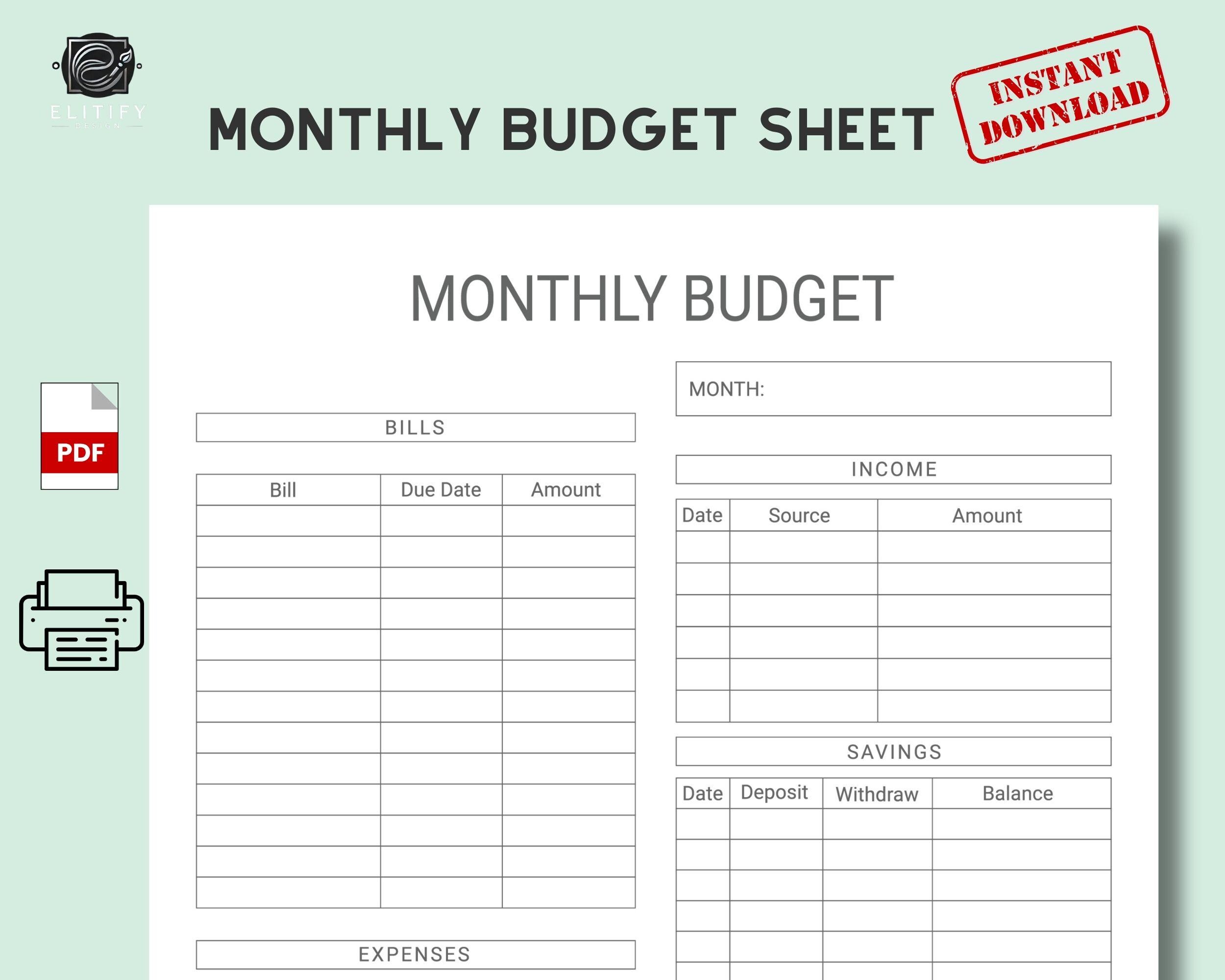 Money Budget File Monthly Budget Sheet - Printable PDF File. Budgeting Template. Money ...