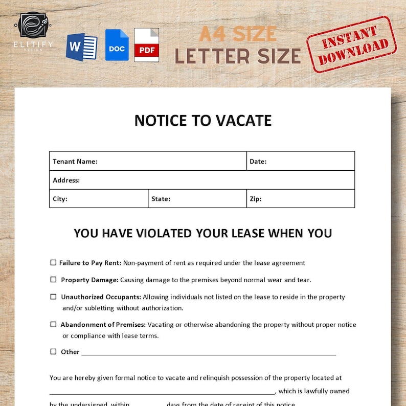 Notice to Vacate Template, Editable Eviction Form (digital Download) - Etsy