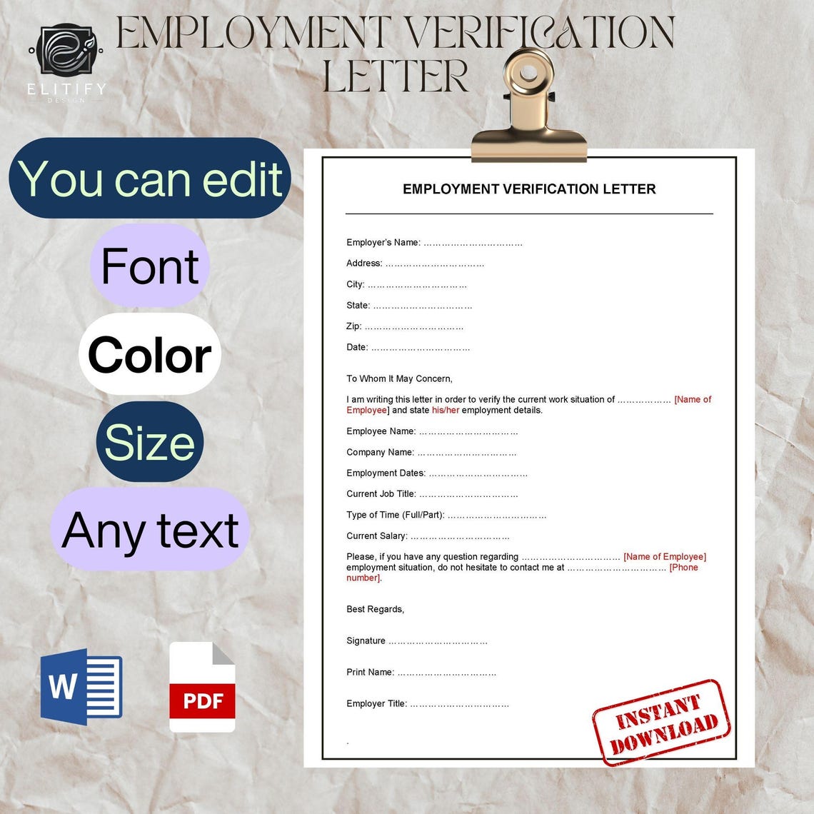 Fillable Employment Verification Letter Template. Employment ...