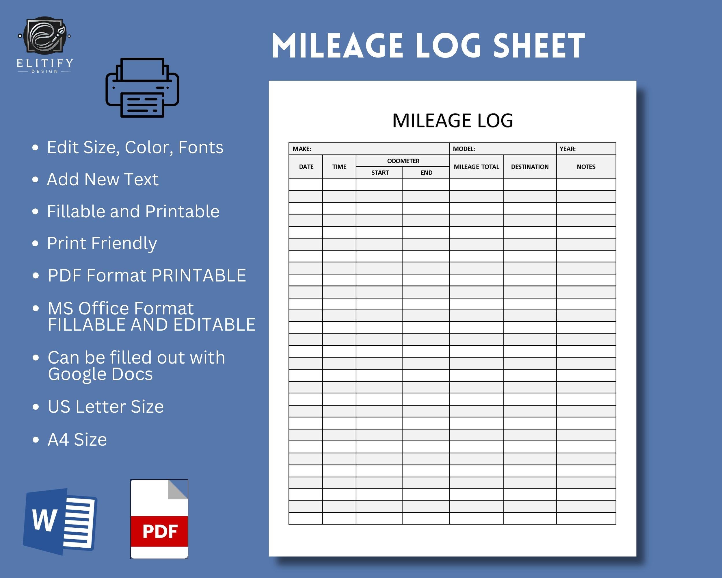 Mileage Log Sheet. Printable Template / Editable Fillable Printable. Ms ...