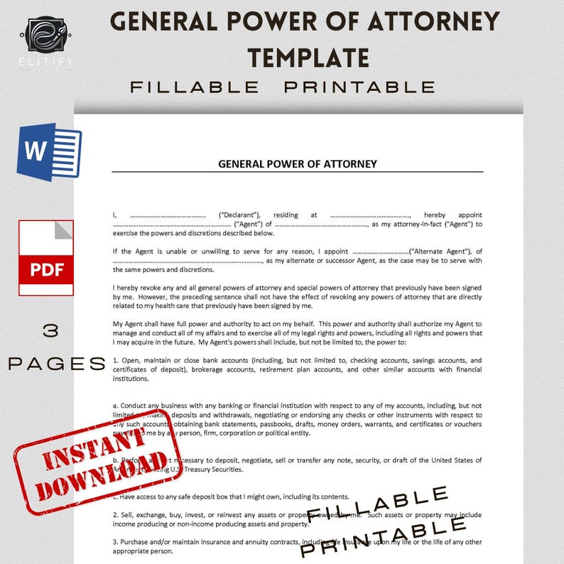 GENERAL POWER of ATTORNEY Template / Printable Pdf and Editable Word ...