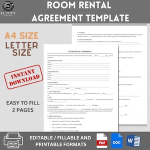 ROOM RENTAL AGREEMENT Template /Small Business Editable Fillable Printable / Editable Room Tenancy Agreement/ Roommate Room Rental Contract
